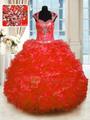 Sumptuous Red Cap Sleeves Beading and Ruffles Floor Length Vestidos de Quinceanera