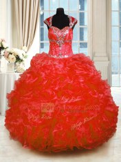 Sumptuous Red Cap Sleeves Beading and Ruffles Floor Length Vestidos de Quinceanera