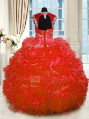 Sumptuous Red Cap Sleeves Beading and Ruffles Floor Length Vestidos de Quinceanera