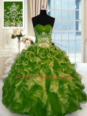 Low Price Olive Green Lace Up Sweetheart Beading and Ruffles Quinceanera Gowns Organza Sleeveless