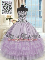 Floor Length Lace Up Quinceanera Dress Lavender for Military Ball and Sweet 16 and Quinceanera with Beading and Embroidery and Ruffled Layers