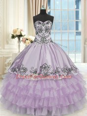 Floor Length Lace Up Quinceanera Dress Lavender for Military Ball and Sweet 16 and Quinceanera with Beading and Embroidery and Ruffled Layers