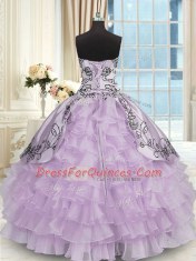 Floor Length Lace Up Quinceanera Dress Lavender for Military Ball and Sweet 16 and Quinceanera with Beading and Embroidery and Ruffled Layers