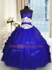 Royal Blue Ball Gowns Taffeta and Tulle Sweetheart Sleeveless Beading and Lace and Appliques and Ruching and Pick Ups Floor Length Lace Up Quinceanera Gown