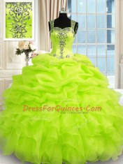 Top Selling Organza Straps Sleeveless Zipper Beading and Ruffles Quinceanera Gown in