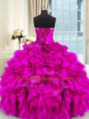 High Low Ball Gowns Sleeveless Fuchsia Quince Ball Gowns Lace Up