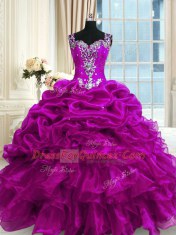 Fuchsia Straps Lace Up Beading and Ruffles and Pick Ups Quinceanera Gowns Sleeveless