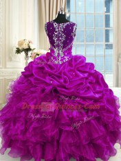 Fuchsia Straps Lace Up Beading and Ruffles and Pick Ups Quinceanera Gowns Sleeveless
