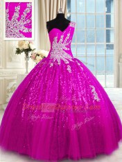 Gorgeous One Shoulder Fuchsia Sleeveless Floor Length Appliques Lace Up 15 Quinceanera Dress