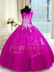 Gorgeous One Shoulder Fuchsia Sleeveless Floor Length Appliques Lace Up 15 Quinceanera Dress