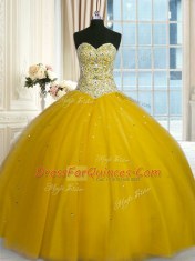 Hot Selling Sequins Gold Sleeveless Tulle Lace Up Quince Ball Gowns for Military Ball and Sweet 16 and Quinceanera