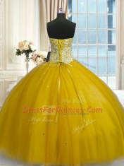 Hot Selling Sequins Gold Sleeveless Tulle Lace Up Quince Ball Gowns for Military Ball and Sweet 16 and Quinceanera