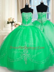 Strapless Sleeveless Tulle Ball Gown Prom Dress Beading and Embroidery Lace Up