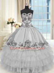 Comfortable Ruffled Ball Gowns Quinceanera Gown Grey Halter Top Organza and Taffeta Sleeveless Floor Length Lace Up