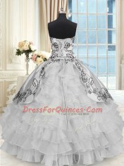Comfortable Ruffled Ball Gowns Quinceanera Gown Grey Halter Top Organza and Taffeta Sleeveless Floor Length Lace Up