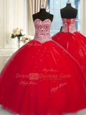 Halter Top Red Sleeveless Beading and Sequins Quinceanera Dress