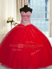 Halter Top Red Sleeveless Beading and Sequins Quinceanera Dress