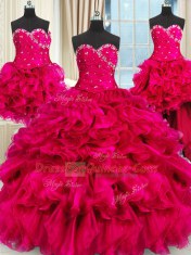 Inexpensive Four Piece Floor Length Lace Up 15 Quinceanera Dress Hot Pink for Military Ball and Sweet 16 and Quinceanera with Beading and Ruffles and Ruching