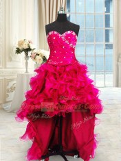 Inexpensive Four Piece Floor Length Lace Up 15 Quinceanera Dress Hot Pink for Military Ball and Sweet 16 and Quinceanera with Beading and Ruffles and Ruching