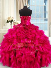 Inexpensive Four Piece Floor Length Lace Up 15 Quinceanera Dress Hot Pink for Military Ball and Sweet 16 and Quinceanera with Beading and Ruffles and Ruching
