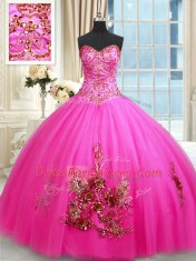 Hot Pink Lace Up Quinceanera Dresses Beading and Appliques and Embroidery Sleeveless Floor Length