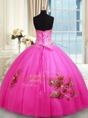 Hot Pink Lace Up Quinceanera Dresses Beading and Appliques and Embroidery Sleeveless Floor Length