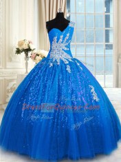 One Shoulder Floor Length Lace Up Quinceanera Gowns Blue for Military Ball and Sweet 16 and Quinceanera with Appliques