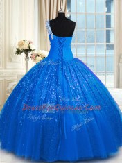 One Shoulder Floor Length Lace Up Quinceanera Gowns Blue for Military Ball and Sweet 16 and Quinceanera with Appliques