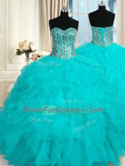 Baby Blue Lace Up 15th Birthday Dress Beading and Ruffles Sleeveless Floor Length