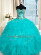 Baby Blue Lace Up 15th Birthday Dress Beading and Ruffles Sleeveless Floor Length