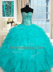 Baby Blue Lace Up 15th Birthday Dress Beading and Ruffles Sleeveless Floor Length