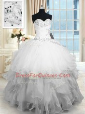 Floor Length Lace Up Vestidos de Quinceanera White for Military Ball and Sweet 16 and Quinceanera with Beading and Ruffles