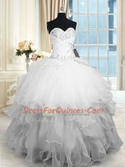 Floor Length Lace Up Vestidos de Quinceanera White for Military Ball and Sweet 16 and Quinceanera with Beading and Ruffles