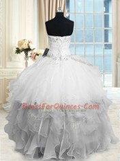Floor Length Lace Up Vestidos de Quinceanera White for Military Ball and Sweet 16 and Quinceanera with Beading and Ruffles