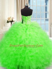 Three Piece Strapless Sleeveless Tulle Ball Gown Prom Dress Beading and Ruffles Lace Up