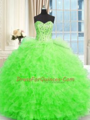 Three Piece Strapless Sleeveless Tulle Ball Gown Prom Dress Beading and Ruffles Lace Up