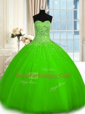 Tulle Lace Up Sweetheart Sleeveless Floor Length Sweet 16 Quinceanera Dress Beading