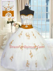 White Ball Gowns Tulle Sweetheart Sleeveless Appliques and Belt Floor Length Lace Up Quinceanera Gowns