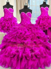 Top Selling Four Piece Fuchsia Sleeveless Beading and Ruffles and Ruching Floor Length 15th Birthday Dress