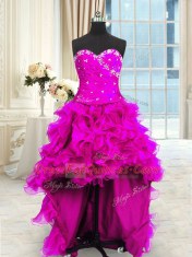 Top Selling Four Piece Fuchsia Sleeveless Beading and Ruffles and Ruching Floor Length 15th Birthday Dress