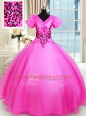 Hot Pink Lace Up V-neck Appliques Ball Gown Prom Dress Organza Short Sleeves
