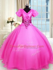 Hot Pink Lace Up V-neck Appliques Ball Gown Prom Dress Organza Short Sleeves