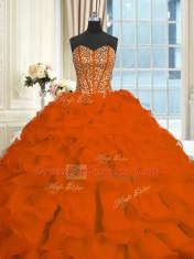 Hot Sale Sweetheart Sleeveless Sweet 16 Dresses With Brush Train Beading and Ruffles Red Organza
