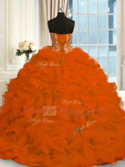 Hot Sale Sweetheart Sleeveless Sweet 16 Dresses With Brush Train Beading and Ruffles Red Organza