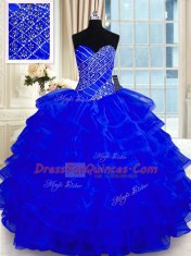 Superior Ruffled Sweetheart Sleeveless Lace Up Sweet 16 Quinceanera Dress Royal Blue Organza