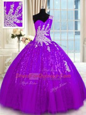 One Shoulder Purple Sleeveless Tulle and Sequined Lace Up Quinceanera Gowns for Military Ball and Sweet 16 and Quinceanera