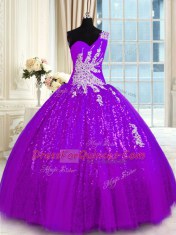One Shoulder Purple Sleeveless Tulle and Sequined Lace Up Quinceanera Gowns for Military Ball and Sweet 16 and Quinceanera