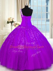 One Shoulder Purple Sleeveless Tulle and Sequined Lace Up Quinceanera Gowns for Military Ball and Sweet 16 and Quinceanera