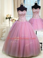 Beauteous Three Piece Lavender Tulle Lace Up Sweetheart Sleeveless Floor Length Sweet 16 Dress Beading