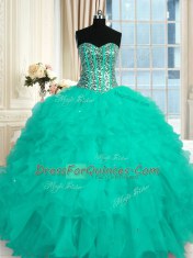 Customized Aqua Blue Sweetheart Neckline Beading and Ruffles Sweet 16 Dress Sleeveless Lace Up